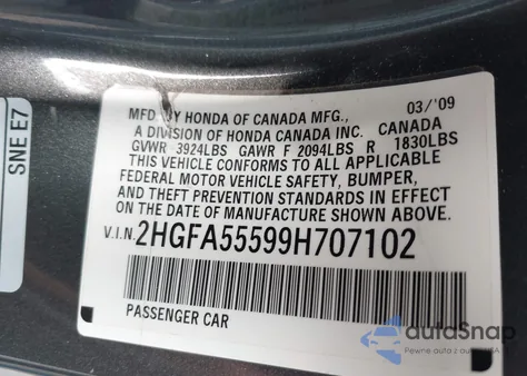 2009 Honda Civic Si z USA, uszkodzony, nr VIN 2HGFA55599H707102